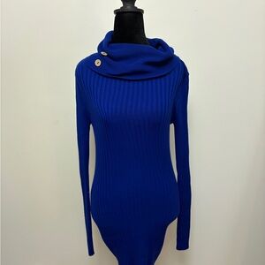 Cowl Neck Ribbed Sweater Dress - Royal Blue